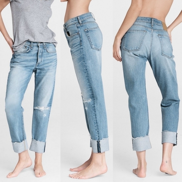 rag & bone Denim - Rag & Bone Rosa Mid-Rise Boyfriend Jeans Holes Jonas Blue Denim Wash Button Fly